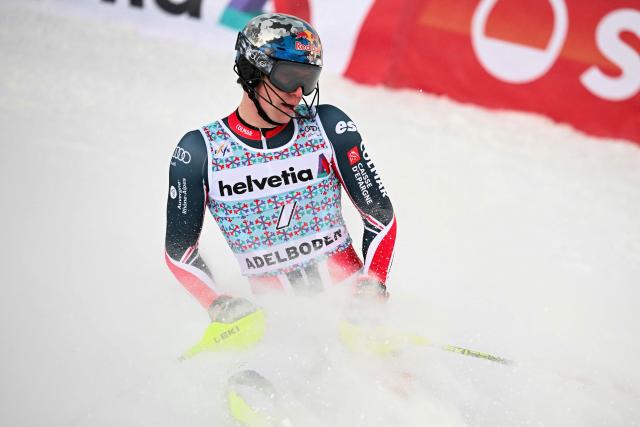 France’s Clement Noel reacts after crossing the finish line during the second run of the Men's Slalom, part of the FIS Alpine Ski World Cup 2025-2026 in Adelboden, soutwestern Switzerland on January 11, 2026. (Photo by Fabrice COFFRINI / AFP)