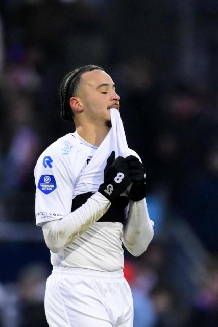 Telstar's Devon Koswal reacts during the Dutch Eredivisie football match between Telstar and Ajax at BUKO Stadion in Velsen-Zuid on January 11, 2026. (Photo by Miguel MEDINA / ANP / AFP) / Netherlands OUT