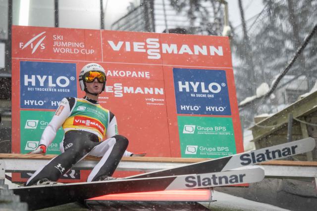 Slovenia's Domen Prevc prepares to jump during training session before the Men's Large Hill HS140 event of the FIS Ski Jumping World Cup in Zakopane, Poland on January 11, 2026. (Photo by Wojtek RADWANSKI / AFP)