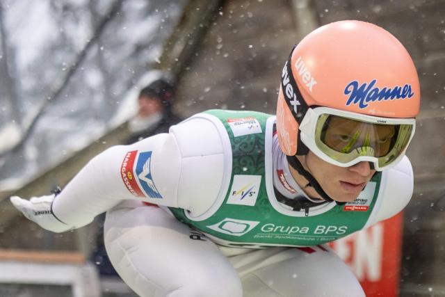 Austria's Jan Hoerl is seen in action during training session before the Men's Large Hill HS140 event of the FIS Ski Jumping World Cup in Zakopane, Poland on January 11, 2026. (Photo by Wojtek RADWANSKI / AFP)