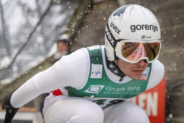 Slovenia's Anze Lanisek is seen in action during training session before the Men's Large Hill HS140 event of the FIS Ski Jumping World Cup in Zakopane, Poland on January 11, 2026. (Photo by Wojtek RADWANSKI / AFP)