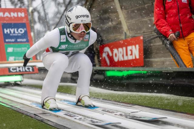 Slovenia's Anze Lanisek is seen in action during training session before the Men's Large Hill HS140 event of the FIS Ski Jumping World Cup in Zakopane, Poland on January 11, 2026. (Photo by Wojtek RADWANSKI / AFP)