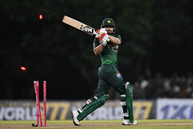 Pakistan's Mohammad Nawaz is clean bowled by Sri Lanka's Matheesha Pathirana during the third and final Twenty20 international cricket match between Pakistan and Sri Lanka at the Rangiri Dambulla International Stadium in Dambulla on January 11, 2026. (Photo by Ishara S. KODIKARA / AFP)