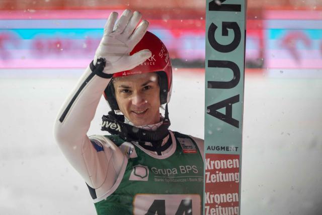 Third placed Austria's Manuel Fettner celebrates after his final jump during the Men's Large Hill HS140 event of the FIS Ski Jumping World Cup in Zakopane, Poland on January 11, 2026. Slovenia's Anze Lanisek won the event ahead of Austria's Jan Hoerl and Austria's Manuel Fettner. (Photo by Wojtek RADWANSKI / AFP)