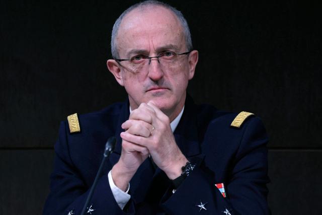 Chief of Staff of the French Navy Admiral Nicolas Vaujour takes part in a joint press conference with army chiefs to launch the national recruitment campaign for a new national military service in Paris on January 12, 2026. The French government and army chiefs launch a campaign to recruit several thousand young people for a new ten-month paid "national service" programme, an initiative announced in November by the president to "meet the needs of the armed forces" in the face of increased risks of conflict. (Photo by Thomas SAMSON / AFP)