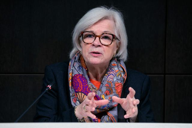 France's Defence Minister Catherine Vautrin speaks during a press conference to launch the national recruitment campaign for a new national military service in Paris on January 12, 2026. The French government and army chiefs launch a campaign to recruit several thousand young people for a new ten-month paid "national service" programme, an initiative announced in November by the president to "meet the needs of the armed forces" in the face of increased risks of conflict. (Photo by Thomas SAMSON / AFP)