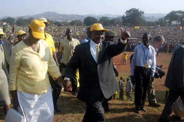 (FILES) Ugandan President Yoweri Museveni and his wife Janet arrive at Kololo Airstrip on December 15, 2005, after Uganda's election board formally accepted his candidacy for elections next year, capping a nomination process that began with the repeal of term limits that would have barred him from standing. Yoweri Museveni has been president longer than most Ugandans have been alive, and shows no sign of giving up his place among the world's longest-serving leaders.
Museveni says he is fighting fit and ready for a seventh term if he wins January 15, 2026's election. (Photo by PETER BUSOMOKE / AFP)