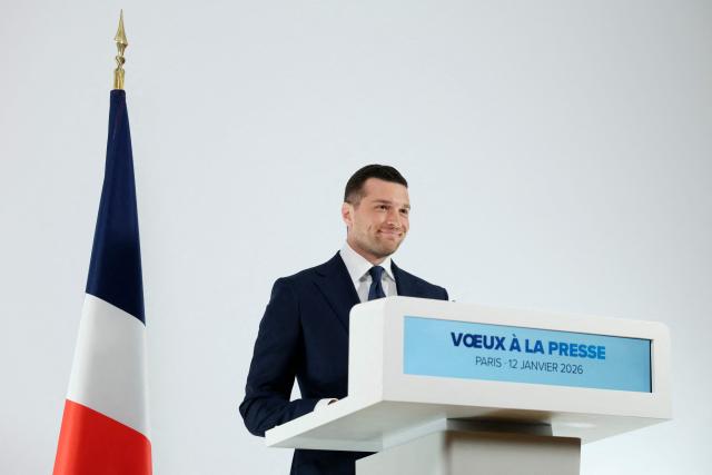 President of French far-right Rassemblement National (RN) party and Member of the European Parliament (MEP) Jordan Bardella delivers his New Year wishes to the press at the Maison de l'Amérique Latine in Paris, on January 12, 2026. (Photo by Alain JOCARD / AFP)
