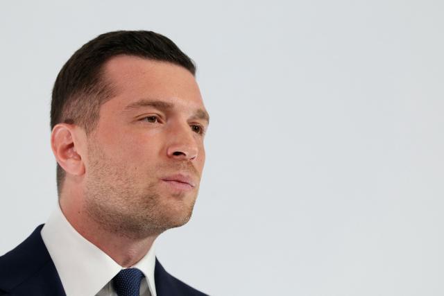 President of French far-right Rassemblement National (RN) party and Member of the European Parliament (MEP) Jordan Bardella delivers his New Year wishes to the press at the Maison de l'Amérique Latine in Paris, on January 12, 2026. (Photo by Alain JOCARD / AFP)