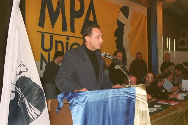 (FILES) A photograph dated December 5, 1992 shows Alain Orsoni, leader of the Movement for Self-Determination (MPA), thanking supporters of the movement at their first congress in Ajaccio. Alain Orsoni, a former Corsican nationalist leader turned businessman and former head of the AC Ajaccio football club, was shot dead during his mother's funeral on January 12, 2026, in the village of Vero, southern Corsica, according to a source close to the investigation. (Photo by TOUSSAINT CANAZZI / ARCHIVES / AFP)