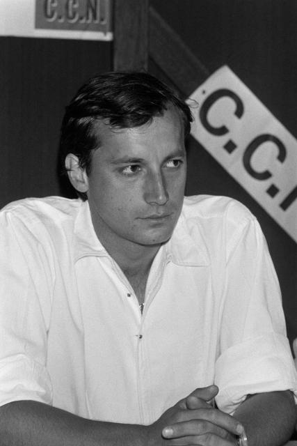 Corsican nationalist Alain Orsini takes part in a press conference of the Corsican Nationalist Comittees (CNN) in Bagnolet, northeastern suburb of Paris on June 9, 1983. Alain Orsoni, a former Corsican nationalist leader turned businessman and former head of the AC Ajaccio football club, was shot dead during his mother's funeral on January 12, 2026, in the village of Vero, southern Corsica, according to a source close to the investigation. (Photo by Georges BENDRIHEM / AFP)