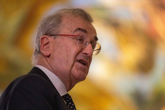 Governor of the Bank of France François Villeroy de Galhau delivers a speech during his New Year wishes inside the golden hall of the Banque de France, the French central bank, at the Hotel de Toulouse building, in Paris on January 12, 2026. (Photo by Martin LELIEVRE / AFP)