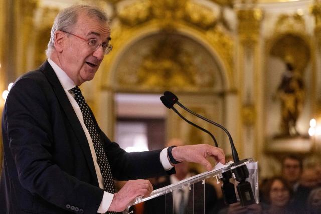 Governor of the Bank of France François Villeroy de Galhau delivers a speech during his New Year wishes inside the golden hall of the Banque de France, the French central bank, at the Hotel de Toulouse building, in Paris on January 12, 2026. (Photo by Martin LELIEVRE / AFP)