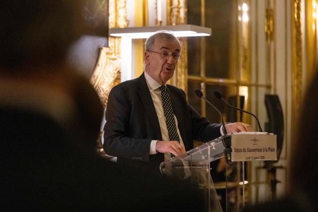 Governor of the Bank of France François Villeroy de Galhau delivers a speech during his New Year wishes inside the golden hall of the Banque de France, the French central bank, at the Hotel de Toulouse building, in Paris on January 12, 2026. (Photo by Martin LELIEVRE / AFP)