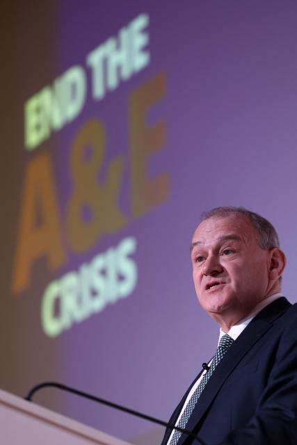 Britain's Liberal Democrat party leader Ed Davey speaks about the state of Britain's Accident and Emergency departments within hospitals, during a press conference in central London on January 13, 2026. (Photo by Adrian Dennis / AFP)