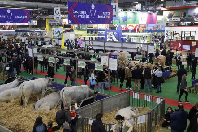 (FILES) People visit the 60th International Agriculture Fair (SIA - Salon de l'Agriculture), at the Porte de Versailles exhibition centre in Paris on February 26, 2024. There will be no cattle at the 2026 Agricultural Fair (Salon de l'Agriculture) for the first time since the annual event began, due to epidemic of  by lumpy skin disease (dermatose nodulaire contagieuse), organisers announced on January 13, 2026. (Photo by Ludovic MARIN / AFP)