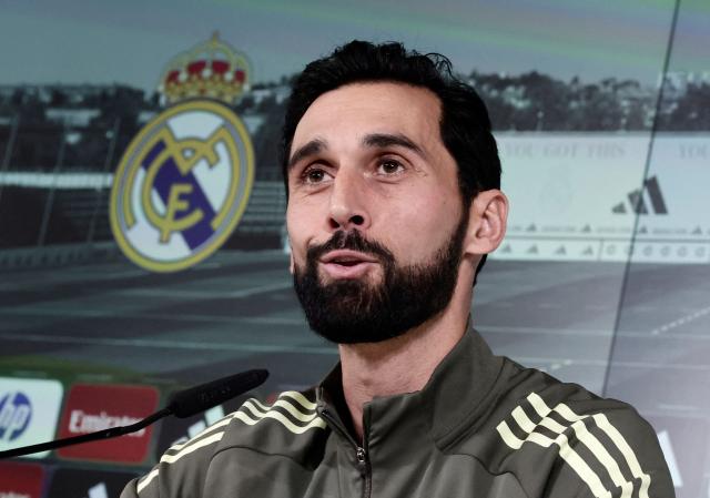 Real Madrid's new coach Alvaro Arbeloa gives a press conference at Real Madrid Sports City in Valdebebas, in the outskirts of Madrid, on January 13, 2026. Real Madrid appointed Alvaro Arbeloa as new coach on January 12, 2026 after coach Xabi Alonso has left the club by mutual consent, a day after the team lost the Spanish Super Cup final against rivals Barcelona, AFP reports. (Photo by Oscar DEL POZO / AFP)