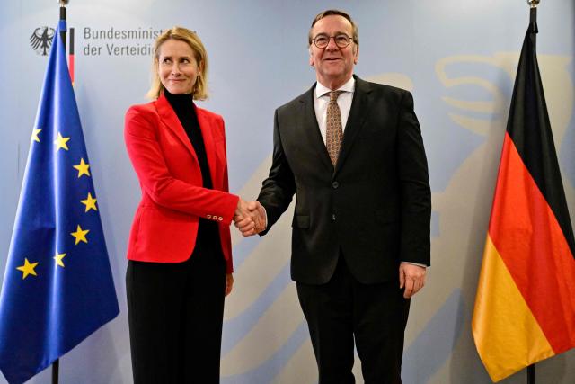 German Defence Minister Boris Pistorius (R) and the European Union's High Representative for Foreign Affairs and Security Policy Kaja Kallas shake hands as they meet at the defence ministry in Berlin on January 13, 2026. (Photo by John MACDOUGALL / AFP)