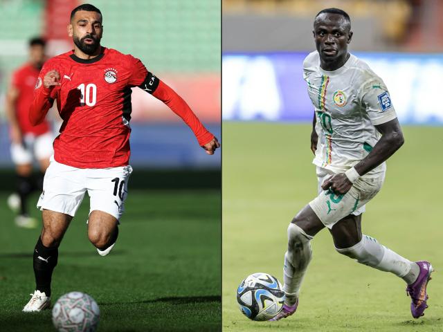 (COMBO) This combination of pictures created on January 13, 2026 shows Egypt's forward #10 Mohamed Salah (L) during the Africa Cup of Nations (CAN) in Agadir on January 5, 2026 and Senegal's forward #10 Sadio Mane in Diamniadio on October 14, 2025. Senegal and Egypt will face each other in the semi-final of the Africa Cup of Nation (CAN) football tournament in Tangiers on January 14, 2026. (Photo by FRANCK FIFE and Patrick Meinhardt / AFP)