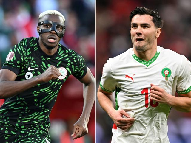 (COMBO) This combination of pictures created on January 13, 2026 shows Nigeria's forward #09 Victor Osimhen (L) during the Africa Cup of Nations (CAN) in Marrakesh on January 10, 2026 and Morocco's forward #10 Brahim Diaz during the Africa Cup of Nations (CAN) in Rabat on January 9, 2026. Nigeria will face Morocco in the semi-final of the Africa Cup on Nations (CAN) football trounament in Rabat on January 14, 2026. (Photo by Paul ELLIS / AFP)