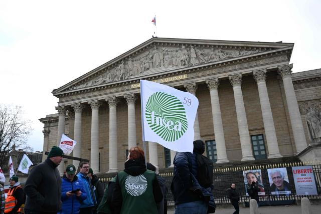 A protester holds a flag of the French National Federation of Agricultural Holders' Unions (FNSEA) in front of the National Assembly to demand "concrete and immediate action" from the government, which is struggling to deal with the anger of farmers in Paris on January 13, 2026. Called by the French union National Federation of Agricultural Holders' Unions (FNSEA) and "Jeunes Agriculteurs" union and a few days before the signing of the EU-Mercosur agreement, a convoy of farmers entered the capital early in the morning. (Photo by Martin LELIEVRE / AFP)