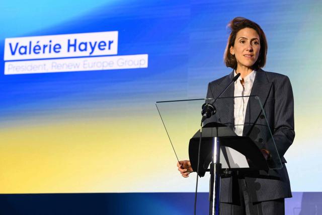 French MEP and President of the European Parliamentary group Renew Europe Valerie Hayer speaks on stage during the Renew Europe Global Europe Forum 2026, called "Freedom on the Offensive: Fighting for a safe Europe", at the European Parliament, in Brussels, on January 13, 2026. (Photo by NICOLAS TUCAT / AFP)