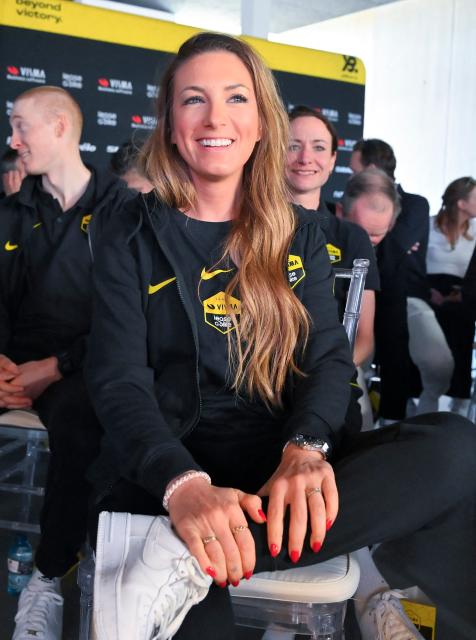 Visma-Lease a bike's French rider Pauline Ferrand-Prevot smiles before a press conference during the presentation of the Visma-Lease a Bike cycling team at La Nucia near Alicante, eastern Spain on January 13, 2026. (Photo by Jose Jordan / AFP)