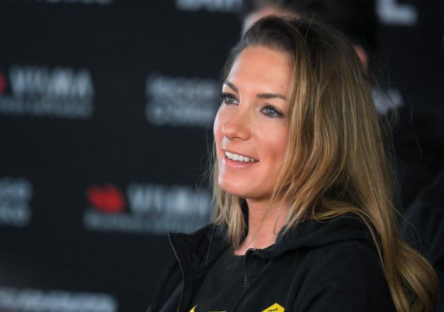Visma-Lease a bike's French rider Pauline Ferrand-Prevot smiles before a press conference during the presentation of the Visma-Lease a Bike cycling team at La Nucia near Alicante, eastern Spain on January 13, 2026. (Photo by Jose Jordan / AFP)