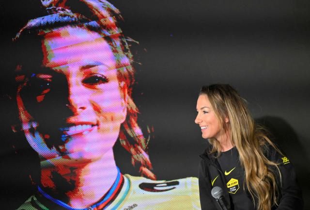 Visma-Lease a bike's French rider Pauline Ferrand-Prevot attends a press conference during the presentation of the Visma-Lease a Bike cycling team at La Nucia near Alicante, eastern Spain on January 13, 2026. (Photo by Jose Jordan / AFP)