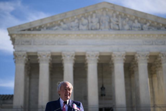 US Senator Ed Markey, Democrat from Massachusetts, speaks outside the US Supreme Court as justices hear arguments in challenges to state bans on transgender athletes in women's sports on January 13, 2026, in Washington, DC. The US Supreme Court on January 13 wades into the hot-button issue of transgender athletes in girls' and women's sports. The conservative-dominated court is to hear challenges to state laws in Idaho and West Virginia banning transgender athletes from female competition. More than two dozen US states have passed laws in recent years barring athletes who were assigned as male at birth from taking part in girls' or women's sports. (Photo by Oliver Contreras / AFP)