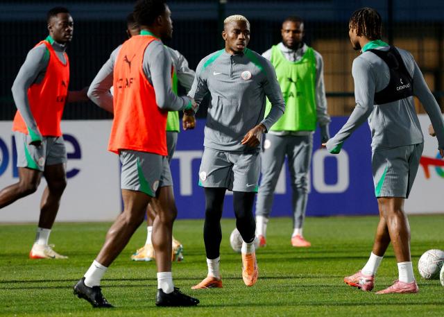 Nigeria's forward #09 Victor Osimhen (C) attends a training session at Mohammed VI football complex in Rabat, Morocco, on January 13, 2026, on the eve of the 2025 Africa Cup of Nations (CAN)semi-final football match between Morocco and Nigeria. (Photo by Abdel Majid BZIOUAT / AFP)