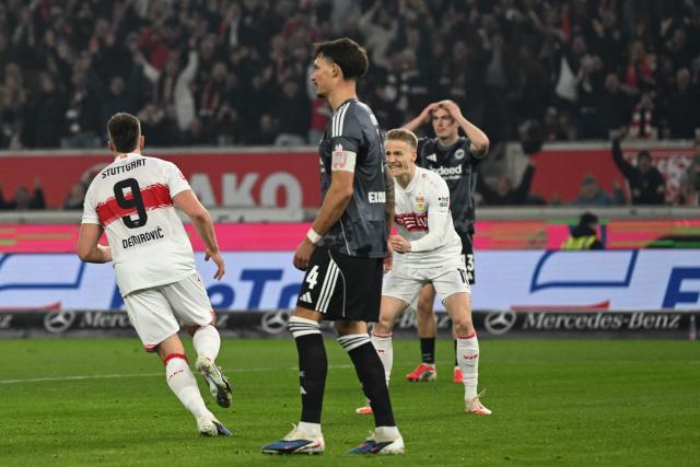 Stuttgart's Bosnian forward #09 Ermedin Demirovic celebrates after scoring the equalising goal 1:1 during the German first division Bundesliga football match between VfB Stuttgart and Eintracht Frankfurt in Stuttgart, southern Germany, on January 13, 2026. (Photo by THOMAS KIENZLE / AFP) / DFL REGULATIONS PROHIBIT ANY USE OF PHOTOGRAPHS AS IMAGE SEQUENCES AND/OR QUASI-VIDEO