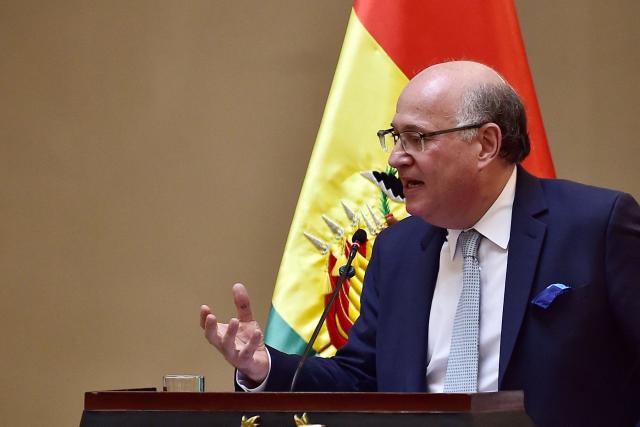 Inter-American Development Bank (IDB) President Ilan Goldfajn speaks during a meeting with Bolivia's President Rodrigo Paz at the Palacio Quemado government palace in La Paz on January 13, 2026. (Photo by Jorge BERNAL / AFP)
