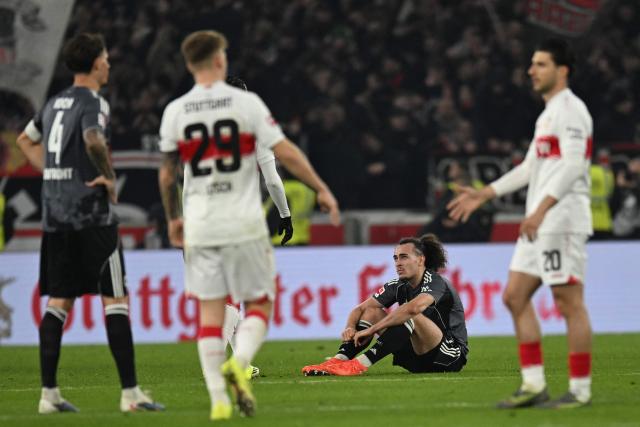 Frankfurt's Belgian defender #03 Arthur Theate reacts after the German first division Bundesliga football match between VfB Stuttgart and Eintracht Frankfurt in Stuttgart, southern Germany, on January 13, 2026. (Photo by THOMAS KIENZLE / AFP) / DFL REGULATIONS PROHIBIT ANY USE OF PHOTOGRAPHS AS IMAGE SEQUENCES AND/OR QUASI-VIDEO