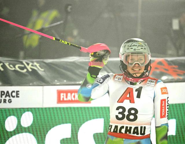 Slovenia's Nika Tomsic reacts after competing during the women's slalom race of the FIS Alpine Ski World Cup in Flachau, Austria, on January 13, 2026. (Photo by BARBARA GINDL / APA / AFP) / Austria OUT