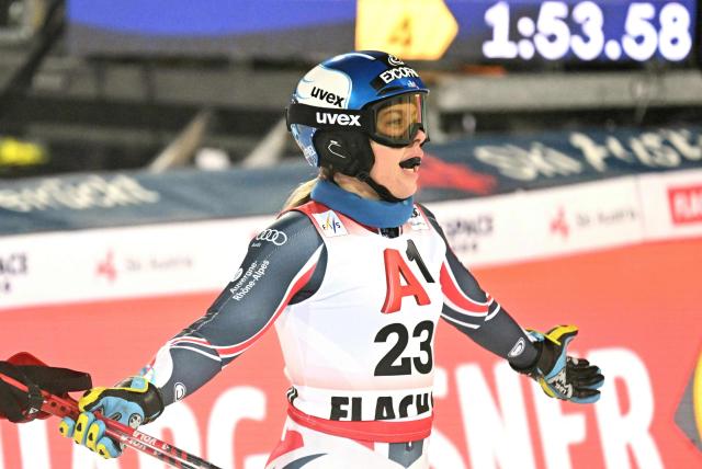 France's Marie Lamure reacts after competing during the women's slalom race of the FIS Alpine Ski World Cup in Flachau, Austria, on January 13, 2026. (Photo by BARBARA GINDL / APA / AFP) / Austria OUT