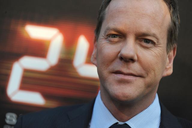 (FILES) Cast member Kiefer Sutherland arrives for the “24” season seven red carpet screening event on May 12, 2009 at the Wadsworth Theater in Los Angeles, California. Kiefer Sutherland, star of the series "24," was arrested on January 12 in Los Angeles for assaulting a ride-share driver, the city's police announced January 13. (Photo by Robyn BECK / AFP)
