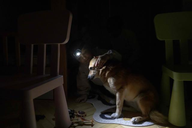 Local residents Stas and Kateryna's five-year-old son uses a headlight as he pets his dog Fistashka during a power outage at the family's apartment in Kyiv on January 13, 2026, amid the Russian invasion of Ukraine. (Photo by Andrew Kravchenko / AFP)