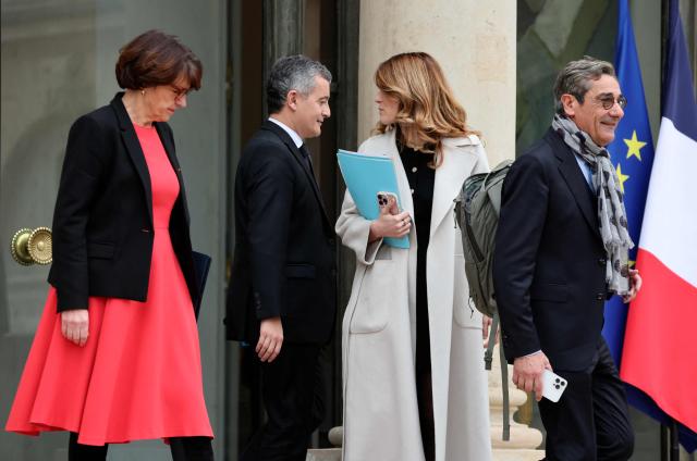 (From L) France's Agriculture Minister Annie Genevard, France's Justice Minister Gerald Darmanin, France's Government Spokesperson Maud Bregeon and France's Trade Minister Serge Papin leave after attending the weekly cabinet meeting at The Elysee Presidential Palace, in Paris, on January 14, 2026. (Photo by Ludovic MARIN / AFP)