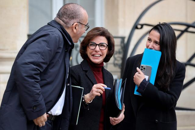 (L-R) France's Interior Minister Laurent Nunez, France's Culture Minister Rachida Dati and France's Overseas Minister Naima Moutchou leave after attending the weekly cabinet meeting at The Elysee Presidential Palace, in Paris, on January 14, 2026. (Photo by Ludovic MARIN / AFP)
