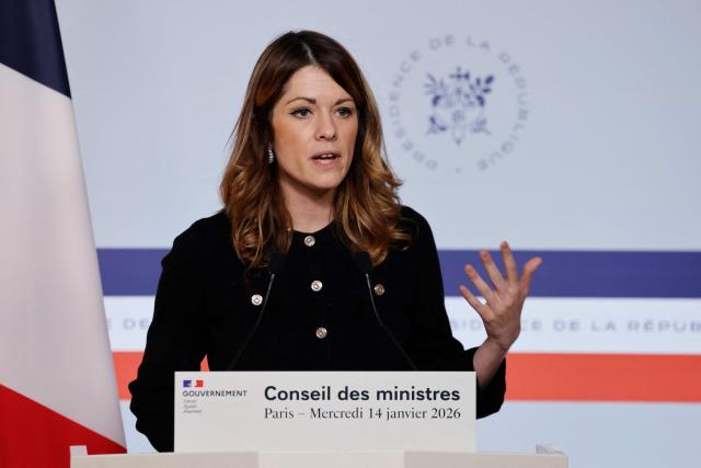 France's Government Spokesperson Maud Bregeon gives a press conference at the enf of the weekly cabinet meeting at The Elysee Presidential Palace, in Paris, on January 14, 2026. (Photo by Ludovic MARIN / AFP)