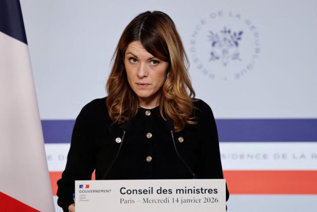 France's Government Spokesperson Maud Bregeon gives a press conference at the enf of the weekly cabinet meeting at The Elysee Presidential Palace, in Paris, on January 14, 2026. (Photo by Ludovic MARIN / AFP)