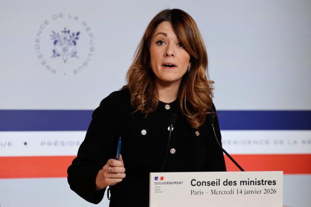 France's Government Spokesperson Maud Bregeon gives a press conference at the enf of the weekly cabinet meeting at The Elysee Presidential Palace, in Paris, on January 14, 2026. (Photo by Ludovic MARIN / AFP)