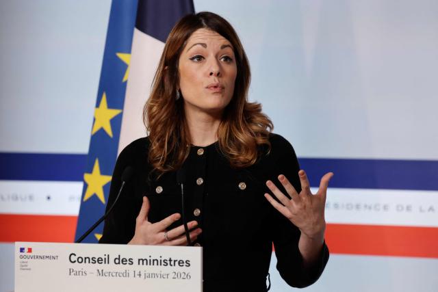 France's Government Spokesperson Maud Bregeon gives a press conference at the enf of the weekly cabinet meeting at The Elysee Presidential Palace, in Paris, on January 14, 2026. (Photo by Ludovic MARIN / AFP)