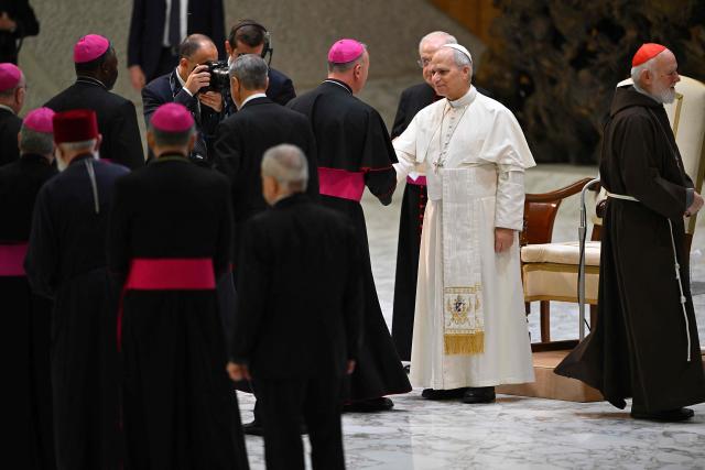 Pope Leo XIV (2nd R) salutes bishops during his weekly general audience at Paul VI Hall in the Vatican on January 14, 2026. (Photo by Andreas SOLARO / AFP)