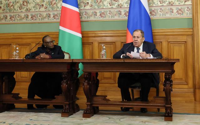 Russia's Foreign Minister Sergei Lavrov and Namibia's Minister of International Relations and Trade Selma Ashipala-Musavyi attend a press conference following their talks in Moscow on January 14, 2026. (Photo by Shamil Zhumatov / POOL / AFP)