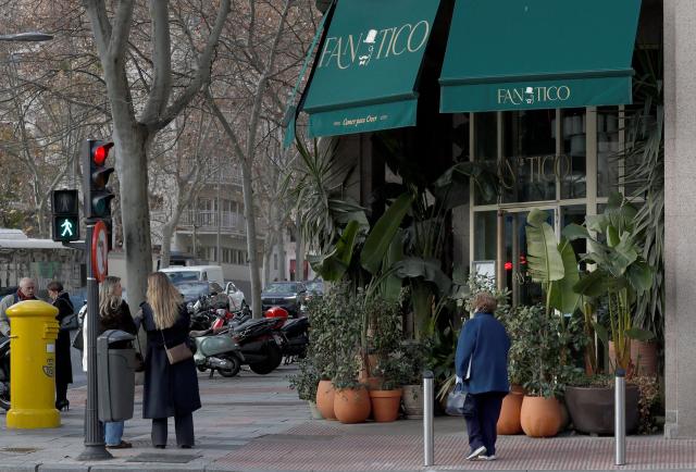 A picture taken on January 14, 2026 shows a view of the Fanatico restaurant in Madrid, after a fire allegedly started from flares lit up inside the restaurant, according to Spanish media. (Photo by Pierre-Philippe MARCOU / AFP)