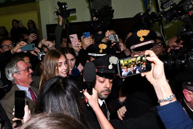 Italian fashion influencer Chiara Ferragni arrives at the courtroom in the Milan Courthouse for the cake fraud trial, in Milan on January 14, 2026. Italian fashion influencer Chiara Ferragni on January 14, 2026 was awaiting a verdict in a trial in which the Instagram star is accused of fraud over charity endorsement deals. The 38-year-old social media star and businesswoman has been on trial since September 2025 for aggravated fraud over promotions of a pandoro cake -- a Christmas treat similar to a panettone -- and Easter eggs, both purporting to raise money for charity or social causes. (Photo by Piero CRUCIATTI / AFP)