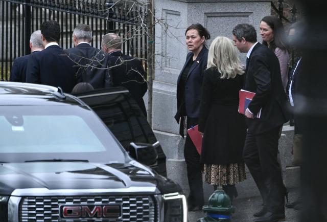 Greenland's Foreign Minister Vivian Motzfeldt (C) departs the Eisenhower Executive Office Building on the White House campus following a meeting with US Secretary of State Marco Rubio and US Vice President JD Vance, in Washington, DC, on January 14, 2026. US President Donald Trump insisted Wednesday the US needs to take control of Greenland, with NATO's support, just hours before talks about the Arctic island with top Danish, Greenlandic and US officials. (Photo by Brendan SMIALOWSKI / AFP)