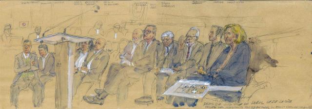 This court sketch made with two sheets of paper on January 13, 2026 shows French far-right Rassemblement National (RN) party leader Marine Le Pen (R) and co-defendants (From L) accountant Nicolas Crochet, MPs Timothee Houssin, Julien Odoul, former MEPs Catherine Griset, Fernand Le Rachinel, former MEP's assitant Guillaume Huillier, MP Louis Aliot and former MEP Bruno Gollnisch, during the first day of their appeal trial on charges of embezzlement of European public funds in a case of alleged European Parliament fake jobs, at Paris courthouse, on January 13, 2026. A lower court last year found Le Pen guilty, along with 24 former European lawmakers, assistants and accountants, as well as the far-right party itself, of operating a "system" from 2004 to 2016 using EU Parliament funds to employ RN employees in France. The court handed her a four-year sentence, two of which were suspended, and banned her from running for office for five years, scuppering her ambition to run for president for a fourth time in 2027. She is seeking to have that ruling overturned. (Photo by Benoit PEYRUCQ / AFP)
